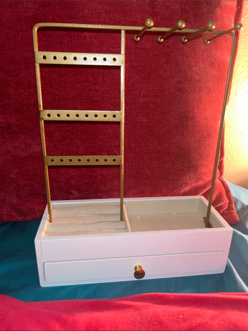 White and Gold Jewelry Organizer Stand with Drawer